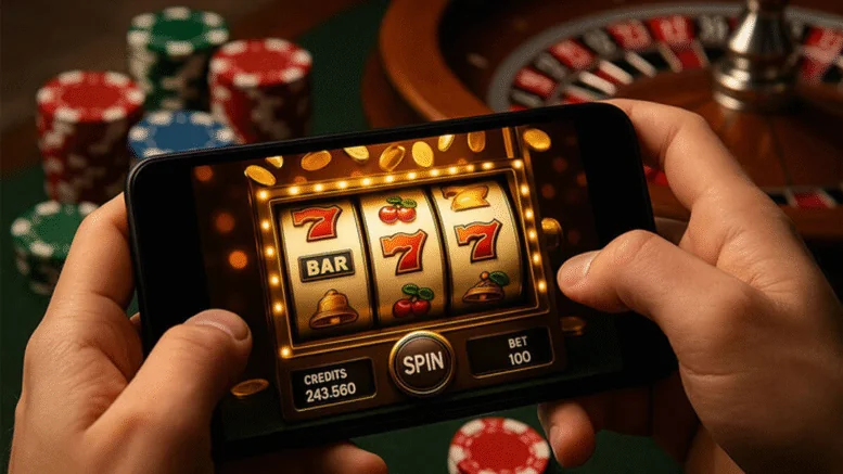 Close-up of a smartphone screen featuring casino games