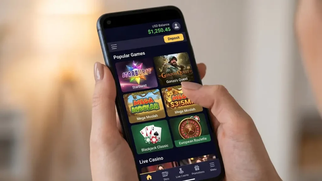 Close-up of an individual using a smartphone with a casino