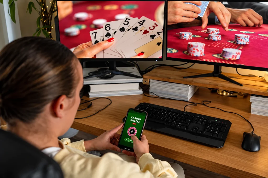 A woman engaged in an online poker game